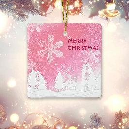Roze Witte Sneeuw Huis Prettig Kerstfeest Gelukkig Keramisch Ornament