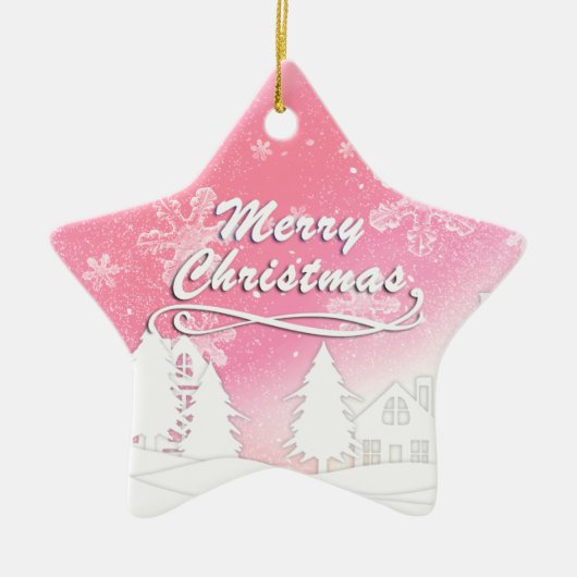 Roze Witte Sneeuwhuis Kerstmis Nieuwjaar Keramisch Ornament (Voorkant)