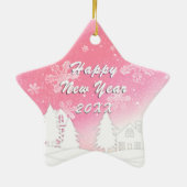 Roze Witte Sneeuwhuis Kerstmis Nieuwjaar Keramisch Ornament (Achterkant)