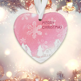 Roze Witte Sneeuwhuis Vrolijk Kerstfeest Nieuwjaar Ornament