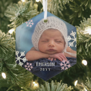 Roze Witte Sneeuwvlokken Baby Foto Voeg Naam & Jaa Glas Ornament
