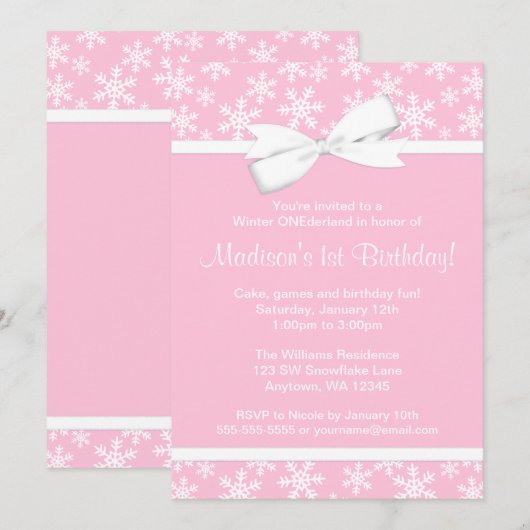 Roze witte sneeuwvlokken Bow Winter ONEderland Kaart (Voorkant / Achterkant)