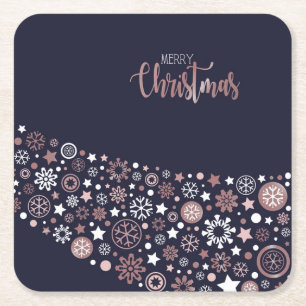 Roze witte sneeuwvlokken in blauwe achtergrond kartonnen onderzetters