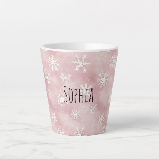 Roze Witte Sneeuwvlokken Kerst Latte Mok (Voorkant)