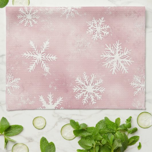 Roze Witte Sneeuwvlokken Kerst Theedoek (Gevouwen)