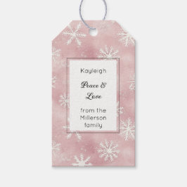 Roze Witte Sneeuwvlokken Kerstmis Rechthoek   Cadeaulabel