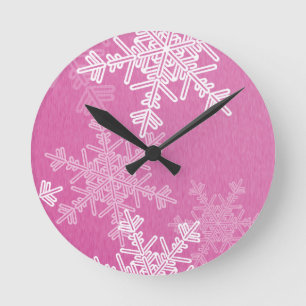 Roze Witte Sneeuwvlokken Minimalistische Kerstnaam Ronde Klok