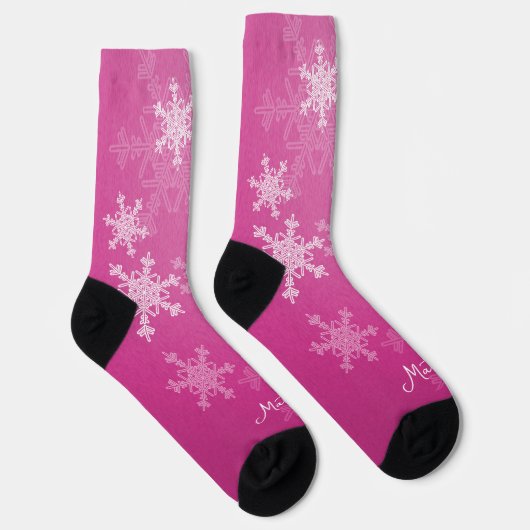 Roze Witte Sneeuwvlokken Minimalistische Kerstnaam Sokken (Rechts)