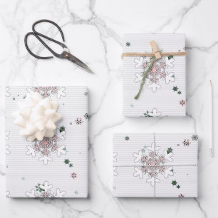 Roze Witte Sneeuwvlokken Strepen Inpakpapier Vel