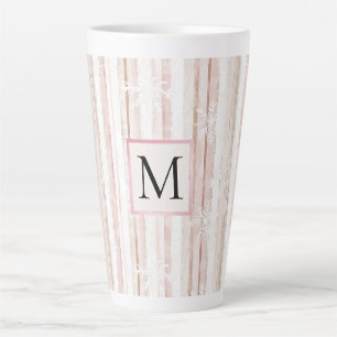 Roze Witte Sneeuwvlokken Strepen Monogram Latte Mok
