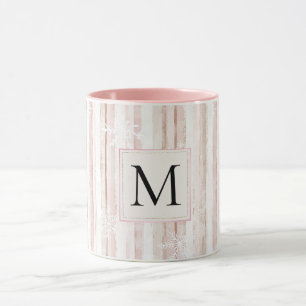Roze Witte Sneeuwvlokken Strepen Monogram Mok