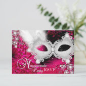 Roze Witte Sparkle Mask Masquerade Party RSVP (Staand voorkant)