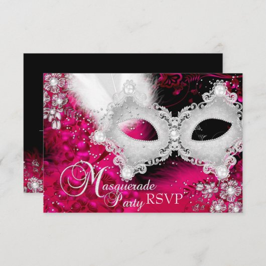 Roze Witte Sparkle Mask Masquerade Party RSVP (Voorkant / Achterkant)