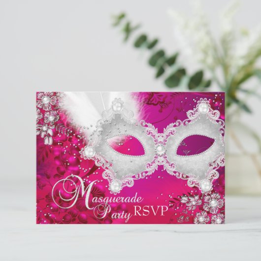 Roze Witte Sparkle Mask Masquerade Party RSVP Kaartje (Staand voorkant)