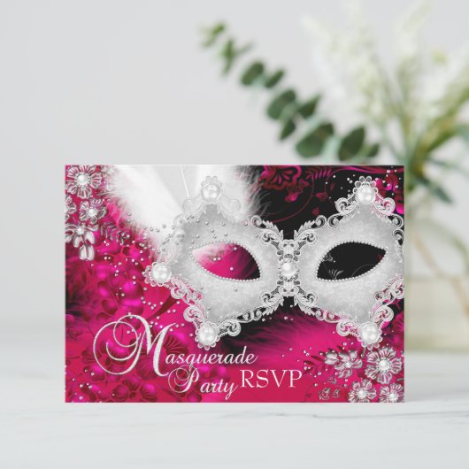 Roze Witte Sparkle Mask Masquerade Party RSVP Kaartje (Staand voorkant)