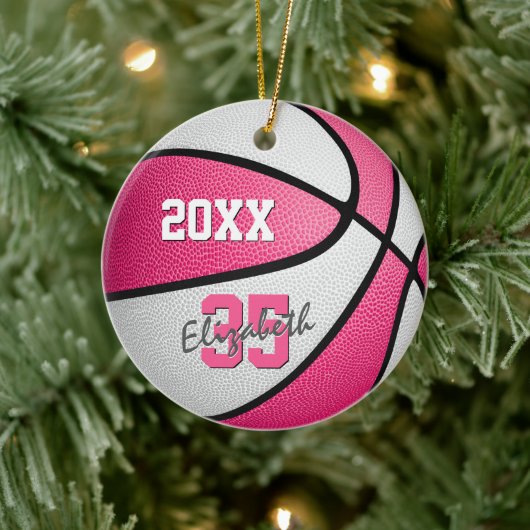 roze witte sportbeugel memento basketbal keramisch ornament (Boom)