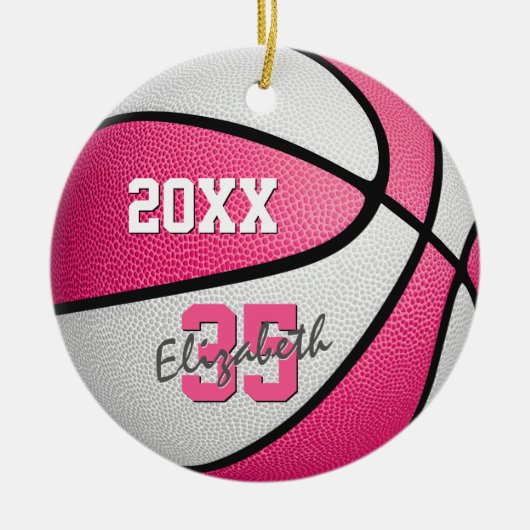 roze witte sportbeugel memento basketbal keramisch ornament (Voorkant)