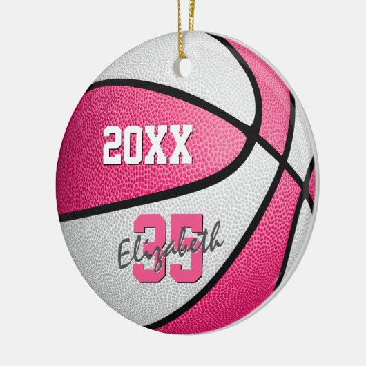 roze witte sportbeugel memento basketbal keramisch ornament (Links)