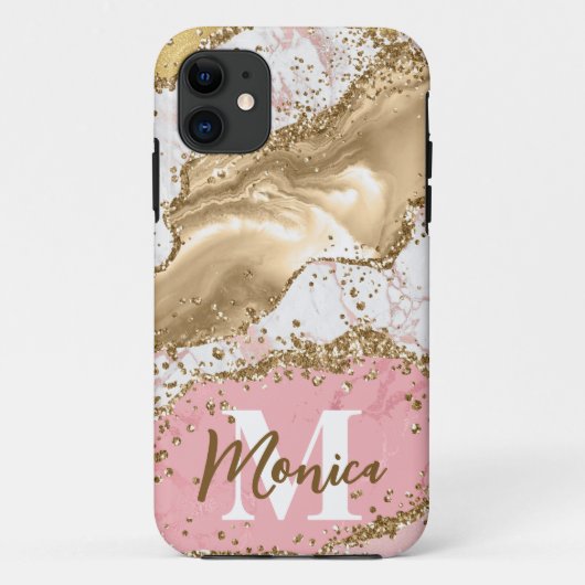 Roze & Witte Steen en Gouden Glitter Agate Monogra Case-Mate iPhone Case (Achterkant)