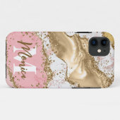 Roze & Witte Steen en Gouden Glitter Agate Monogra Case-Mate iPhone Case (Achterkant (horizontaal))