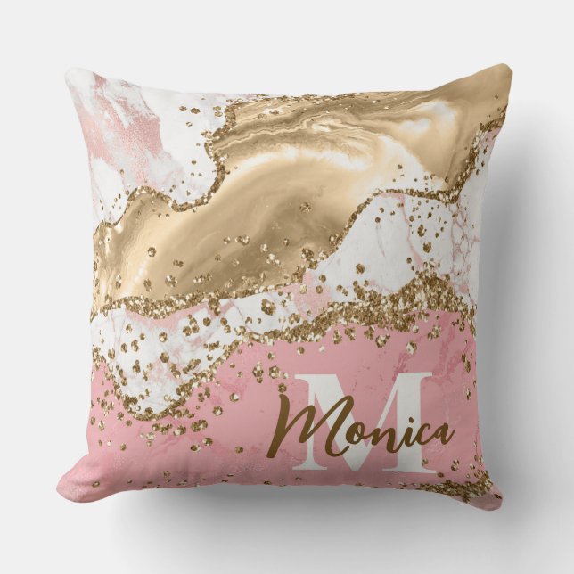 Roze & Witte Steen en Gouden Glitter Agate Monogra Kussen (Voorkant)