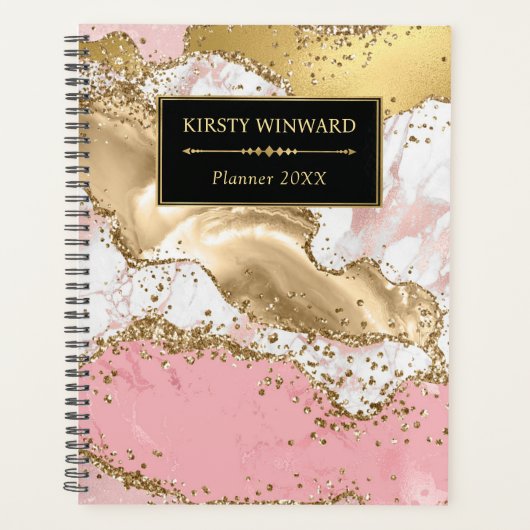 Roze & Witte Steen en Gouden Glitter Agate Monogra Planner (Voorkant)