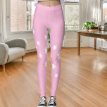 Roze witte sterren leggings<br><div class="desc">Een eenvoudig diagonaal patroon met witte sterren op een girly roze achtergrond.</div>