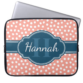 Roze Witte Stippenpatroon Navy Monogram Laptop Sleeve