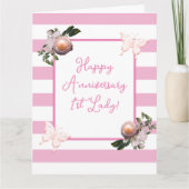 Roze & Witte Streep Bloemen 1st Lady Jubileum Kaart (Voorkant)