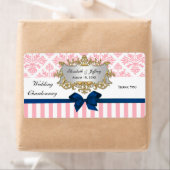 Roze witte streep Damask Navy Blu Party Wine Label (Insitu)