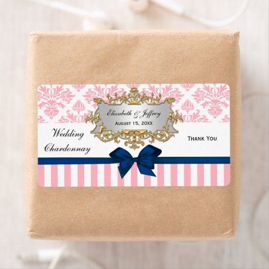 Roze witte streep Damask Navy Blu Party Wine Label (Insitu)