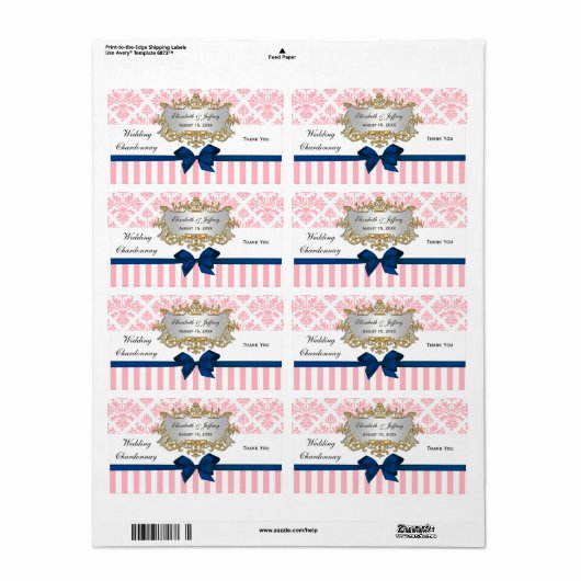 Roze witte streep Damask Navy Blu Party Wine Label (Full Sheet)