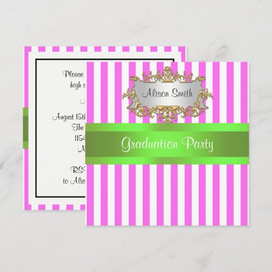 Roze Witte Streep Lime Lint Afstudeer Uitnodiging (Voorkant / Achterkant)