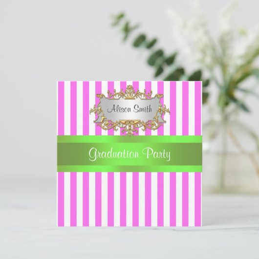 Roze Witte Streep Lime Lint Afstudeer Uitnodiging (Staand voorkant)