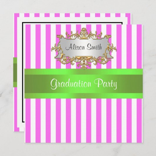 Roze witte streep Limoen lint Afstuderen uitnodige Kaart (Voorkant / Achterkant)