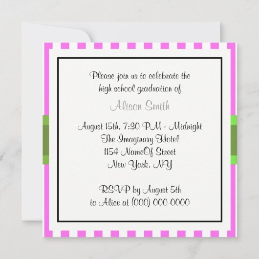 Roze witte streep Limoen lint Afstuderen uitnodige Kaart (Achterkant)
