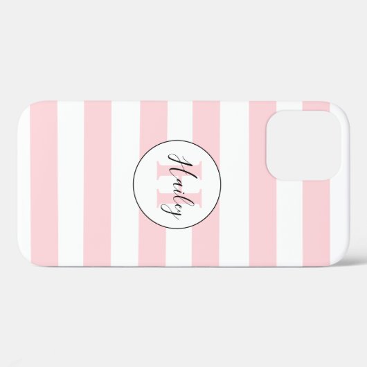 Roze & witte streep monogram iPhone case (Achterkant (horizontaal))