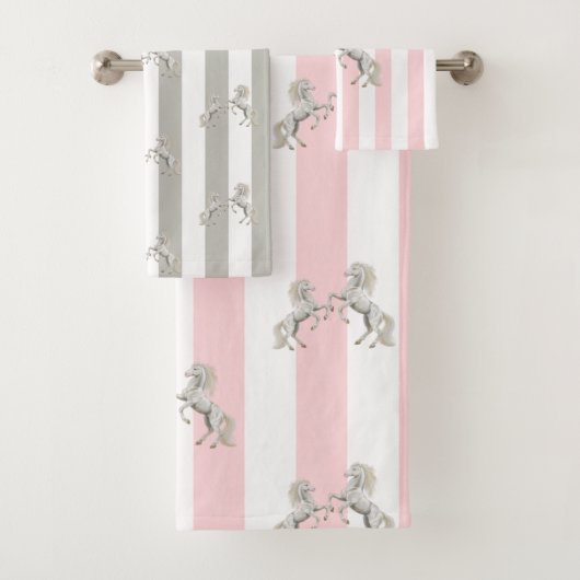 Roze & Witte Streep Paard Badkamer Handdoek Sets (Insitu)