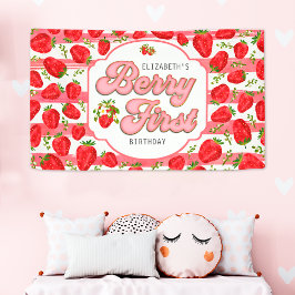 Roze Witte Strepen Aardbei Berry Eerste Verjaardag Spandoek