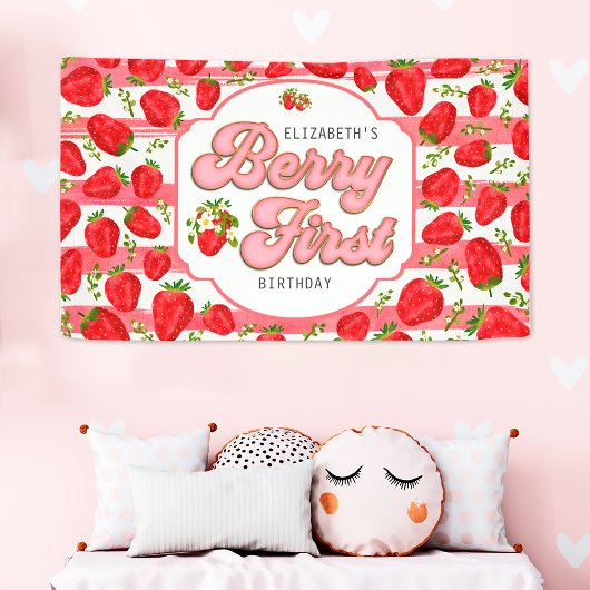 Roze Witte Strepen Aardbei Berry Eerste Verjaardag Spandoek