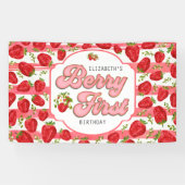Roze Witte Strepen Aardbei Berry Eerste Verjaardag Spandoek (Horizontaal)