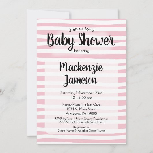 Roze witte strepen Baby shower Invitation Girl Kaart (Voorkant)
