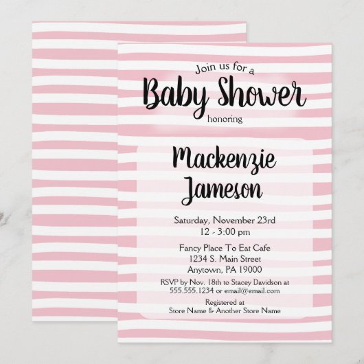 Roze witte strepen Baby shower Invitation Girl Kaart (Voorkant / Achterkant)
