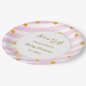 Roze witte strepen Baby shower Papieren Bordje (Gekanteld)