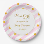 Roze witte strepen Baby shower Papieren Bordje (Voorkant)