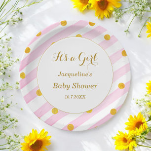 Roze witte strepen Baby shower Papieren Bordje