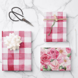 Roze Witte Strepen Bloemige Verjaardag Inpakpapier Vel