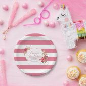 Roze witte strepen en bloemen papieren bordje (Feest)