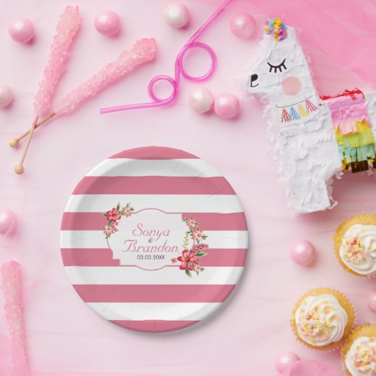Roze witte strepen en bloemen papieren bordje (Feest)