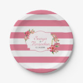 Roze witte strepen en bloemen papieren bordje (Voorkant)